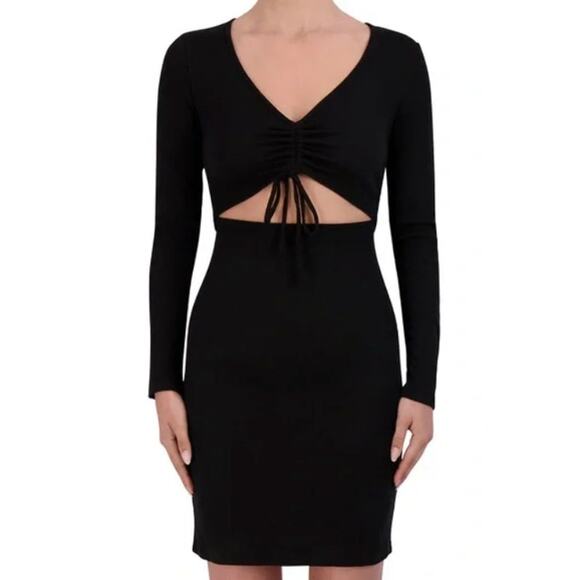 BCBG Paris Ribbed Black Cutout Bodycon Long Sleeve Thin Dress L Large 12 14 New - Picture 1 of 10